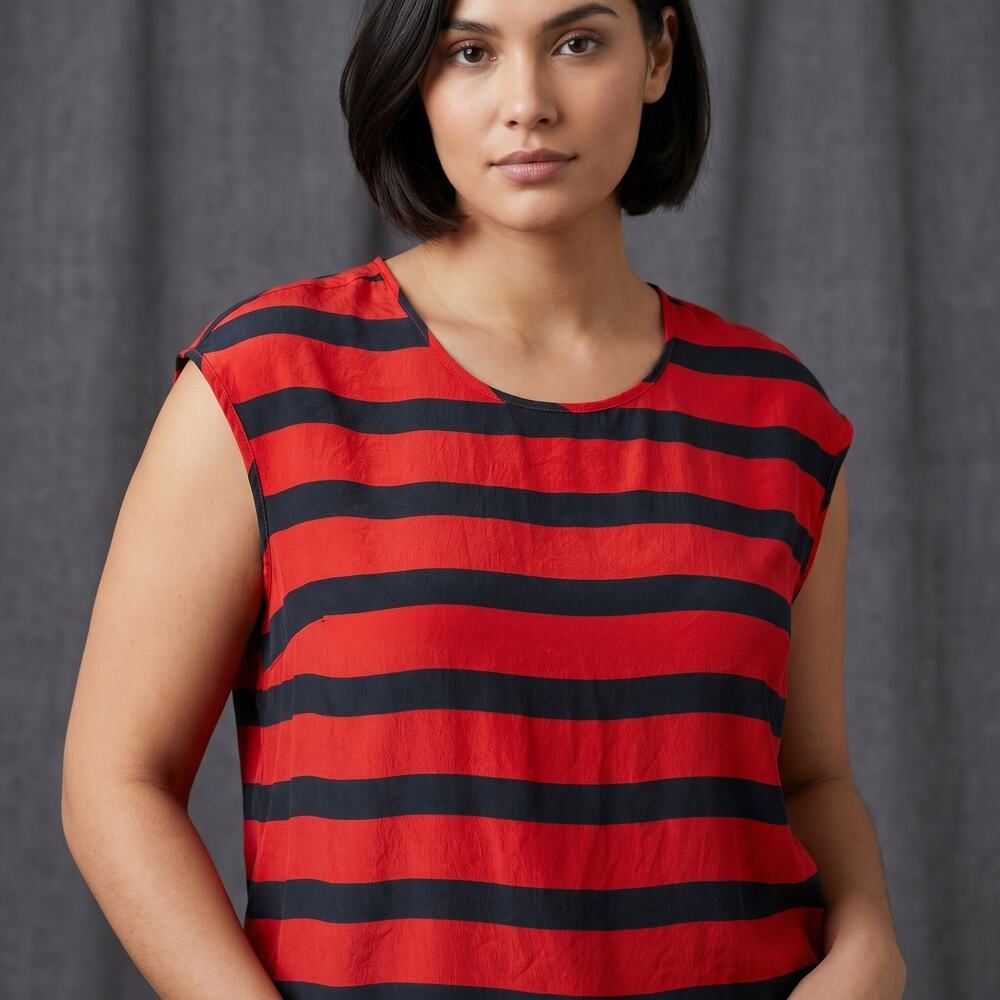 Broadway & Broome Women's Silk Striped Top Red Navy Cap Sleeve Blouse Medium